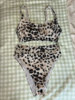 Leopard Print High-Waist Bikini Set - Beige/Black